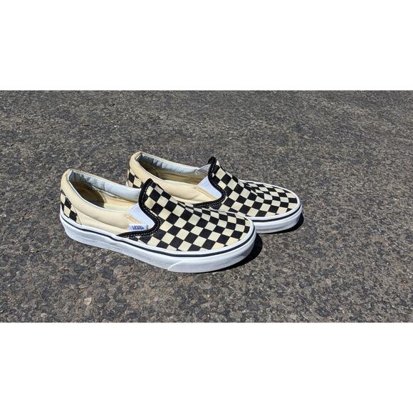 Vans Classic Checkerboard Slip-On Sneakers Mens 5 Womens Sz 6.5 Cream Black - Picture 2 of 5